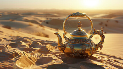 in the desert's charm with an HD image showcasing an oriental gold teapot nestled on the sandy expanse of desert dunes. 