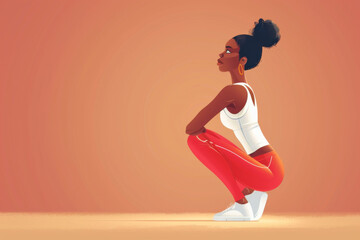 Wall Mural - Illustration of a woman in a white top and red leggings doing a squat exercise against a pastel background.