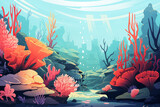Fototapeta Boho - Underwater landscape poster. Oceanic background with seaweed, corals, fish. Ocean sea life modern flat design. Trendy cartoon colorful illustration