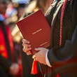 Firm grip on a red diploma cover during a graduation ceremony represents the end of a scholarly journey