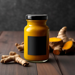 Wall Mural - A jar of yellow mustard sits on a table next to a jar of spices.