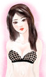 白いもち肌とロングの黒髪が美しいナイスバディな20代女性のイラストとピンク背景