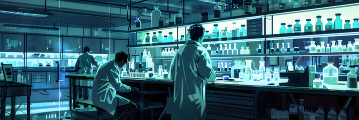 Poster - In a modern industrial facility, scientists and technicians work together on pharmaceutical and medical research