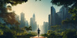 A silhouette of a jogger navigating through a city park, skyscrapers in the soft-focus background, rendered against an urban oasis background, highlighting the blend of nature and city life in jogging