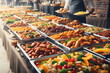 several trays of food are lined up on a buffet table, closeup at the food, overflowing feast buffet table, delicious food