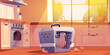 Kitchen interior with caught hen in cage cartoon. Modern home room indoor design with oven, cupboard and hunted chicken on daylight. Cute apartment panorama environment scene with cooking equipment