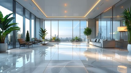 Poster - large white tiles in an elegant living room with beautiful views