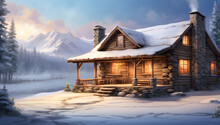 Visualization Of A Christmas Rustic Log Cabin Tucked Away In A Serene Snowy Landscape With Smoke Rising From The Chimney, Indicating A Warm Fire Inside.