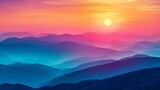 Fototapeta Zachód słońca - The early morning atmosphere exudes peace with a panoramic sunrise and vibrant sky colors over the mountain range