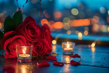 Poster - AI generated illustration of Candles and flowers on a table creates a warm ambiance