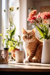 Poster - a cat sits on a table near a vase with flowers