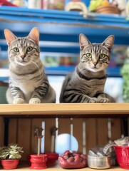 Sticker - two tabby cats sitting on top of a wood shelf next to small potted