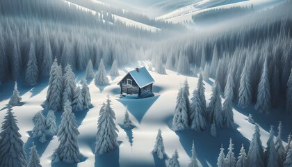 Sticker - AI generated illustration of A solitary cabin nestled among snow-covered pine trees