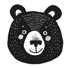 Cute little animal head black bear, black doodle isolated on white illustration