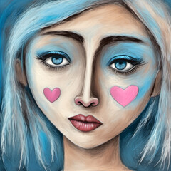 Poster - Sad young woman's face and heart theme in an absurdism style with blue tones, AI-generated.