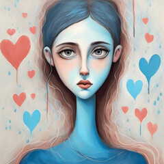 Poster - Sad young woman's face and heart theme in an absurdism style with blue tones, AI-generated.