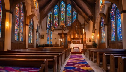 Poster - AI generated illustration of the interior of a traditional church with wooden pews and stained glass