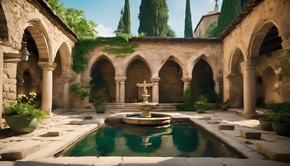 Poster - AI generated illustration of a fountain in a courtyard surrounded by arches and trees