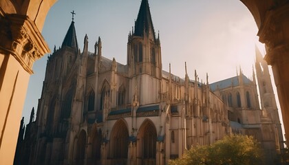 Wall Mural - AI generated illustration of a church with numerous windows and a tall steeple