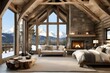 AI generated illustration of a sSpacious bedroom with stone fireplace, wooden beams