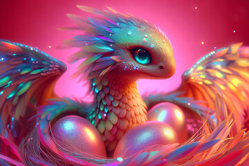 Wall Mural - a close up of a dragon in a nest with eggs, holographic creatures,