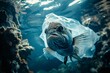 A poignant underwater scene of a fish entrapped in a discarded plastic bag, evoking a dire message on pollution and marine life endangerment