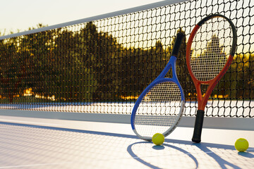 Sticker - Tennis rackets and balls near the net on an outdoor sports court. 3d rendering