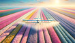 A high-angle view capturing a crop duster airplane spraying water over an immensely vast field of vibrant flowers, under the bright morning sunlight.