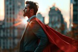 Fototapeta  - Confident man in a suit and red cape gazes over the city at dusk, exuding a superhero aura