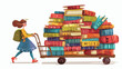 Girl lucky on the cart a bunch of books Vector illustration