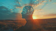 © maaz - Picture a symbolic representation of mental tranquility with the outline of a human head embracing a serene landscape background.