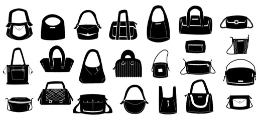 Wall Mural - Female purse silhouette. Fashionable black clutch and handbag icons, elegant stylish women accessory collection trendy minimalist style. Vector isolated set of handbag icon, woman leather illustration