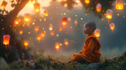 Wall Mural - A young novice monk meditating under a Bodhi tree at dusk, located in the middle of a lush green meadow. sky lanterns float gently into the evening sky, casting a warm, ambient glow.