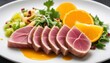 Seared tuna with asian crunchy salad with oranges served with vinaigrette sauce