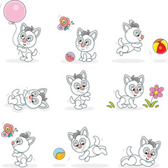 Wall Mural - Playful cute little kitten playing with its toys on a walk in a park, set of vector cartoon illustrations on a white background