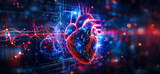 Fototapeta Sport - Futuristic Medical Heart Cardiology Research Healthcare Diagnosis Infographic Biometrics Hospital Stethoscope Catheter Services Banner Copy Space