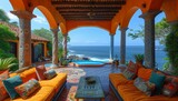 Fototapeta Big Ben - large outdoor living room with furnishings and ocean views, in a traditional Mexican style