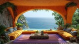 Fototapeta Big Ben - large outdoor living room with furnishings and ocean views, in a traditional Mexican style