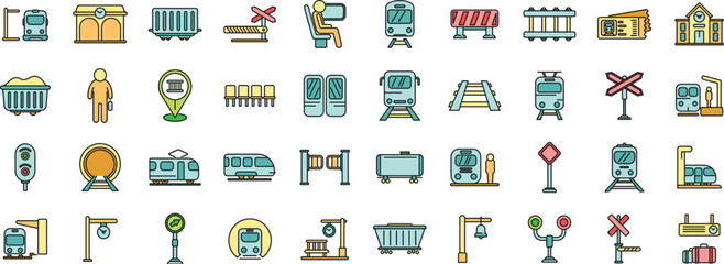 Poster - Railway platform icons set outline vector. Locomotive subway. Barrier chopper thin line color flat on white