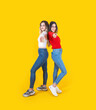 Two women point index finger to camera, full body length young caucasian 20s two women point index finger to camera. Standing back to back isolated yellow studio background. Motivating concept.