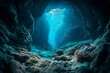 AI generated illustration of an underwater scene with sun rays illuminating an ocean cave