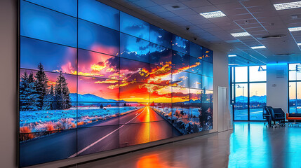 Aufkleber - A large digital wall screen in an office displayed a road in the background, The big LED display with a white frame around the edges. Generative AI.