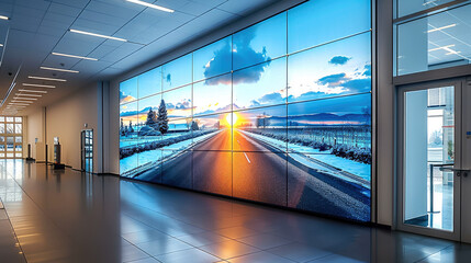 A large digital wall screen in an office displayed a road in the background, The big LED display with a white frame around the edges. Generative AI.