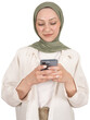 Woman using smartphone, smiling young muslim woman using smartphone. Caucasian lady wear hijab holding mobile phone, typing sms message. People lifestyle concept. Mock up, transparent png background.