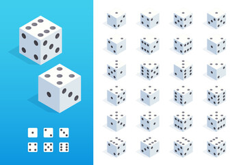 Wall Mural - Isometric dice. 3D random roll of casino game elements, gambling and risk concept, poker and craps board game asset. Vector isolated set. Realistic cubes with black dots showing numbers