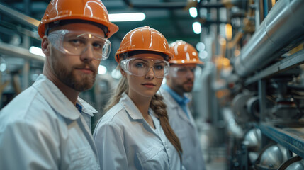 Poster - Portrait of three colleagues in a laboratory of a cement production company. Generative AI.