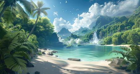 Poster - A tropical jungle and beach with mountains and waterfalls. Generative AI.