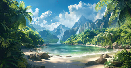 Wall Mural - A tropical jungle and beach with mountains and waterfalls. Generative AI.