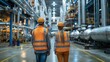 Workers and consultants in a modern factory doing industrial asset management. Generative AI.