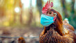 chickens wearing a blue pandemic face mask, avian flu, concept